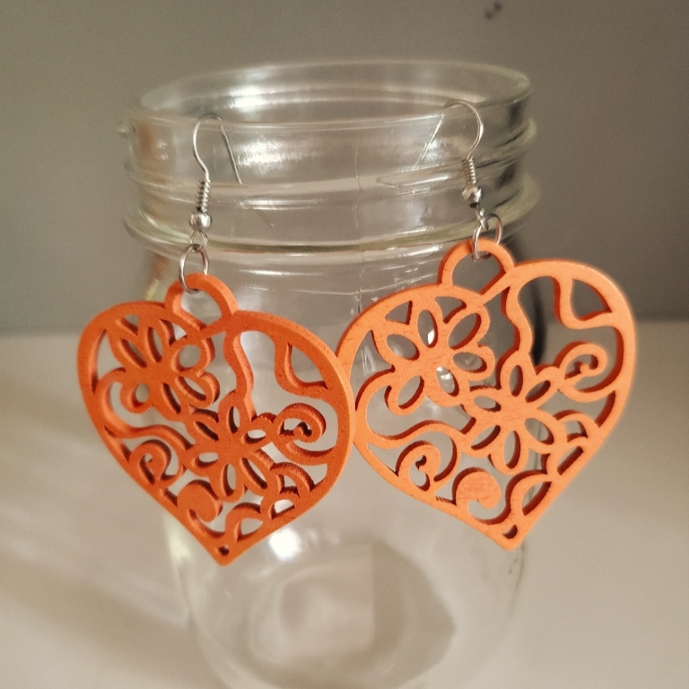 Orange Wood Boho Floral Cutout Heart Earrings